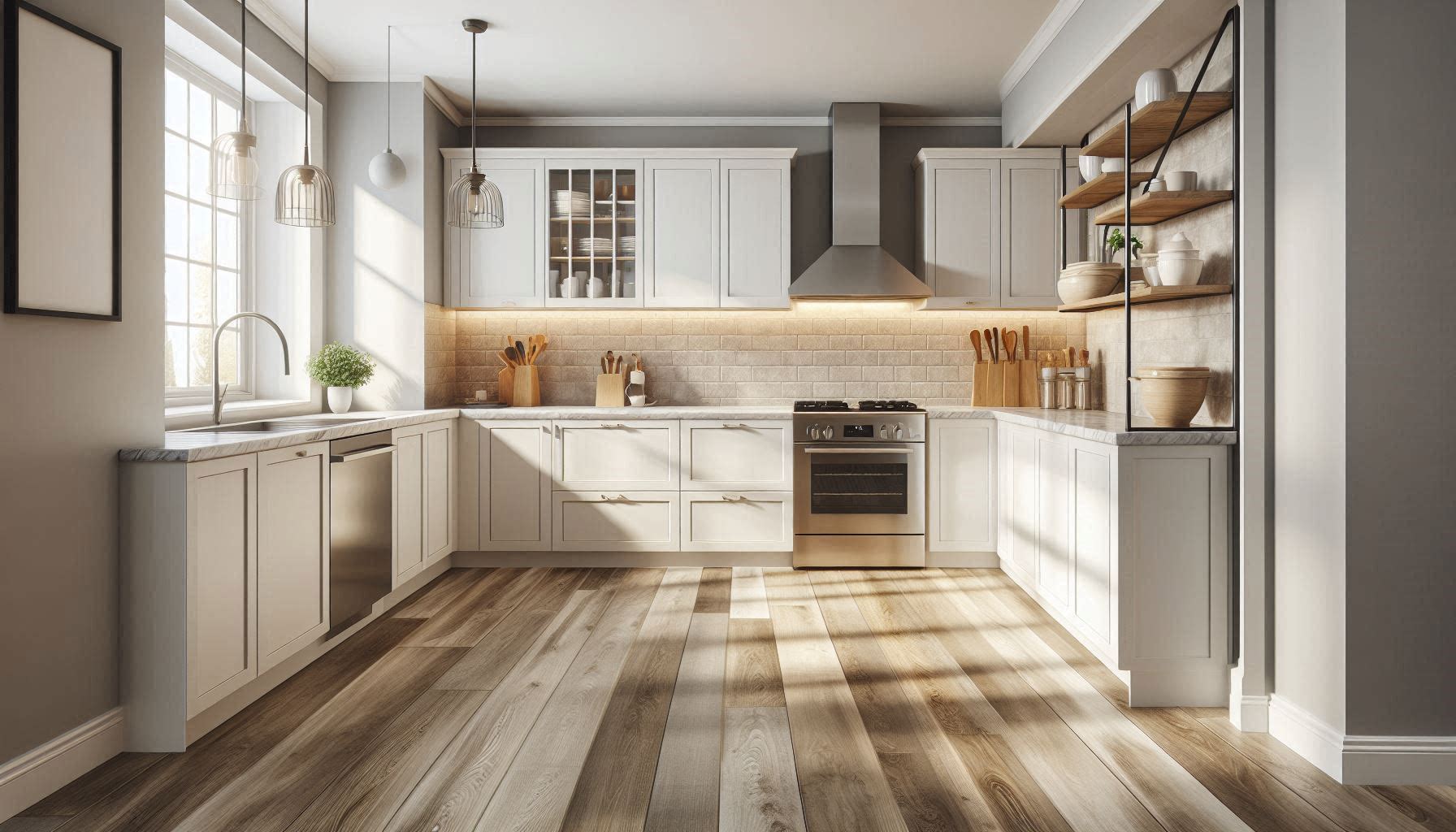 Modern kitchen interior showcasing durable vinyl flooring with realistic wood texture