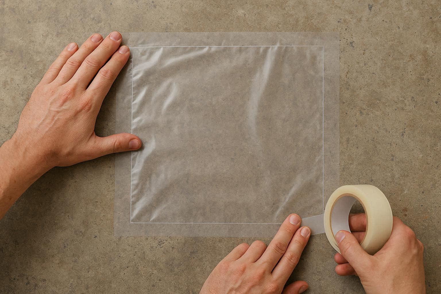 DIY moisture test showing plastic sheeting taped to a concrete basement subfloor to check for condensation.