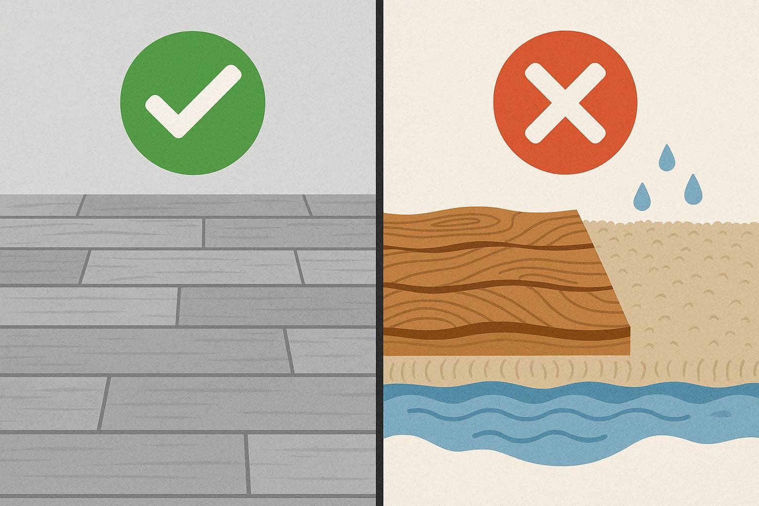 Comparison chart showing why solid hardwood and carpet are poor choices for damp basement environments.