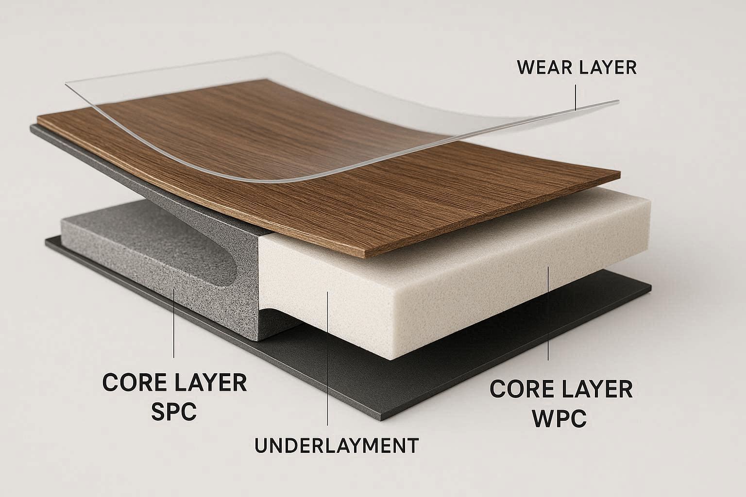 Close-up cross-section of SPC and WPC flooring layers highlighting the rigid and foamed cores.