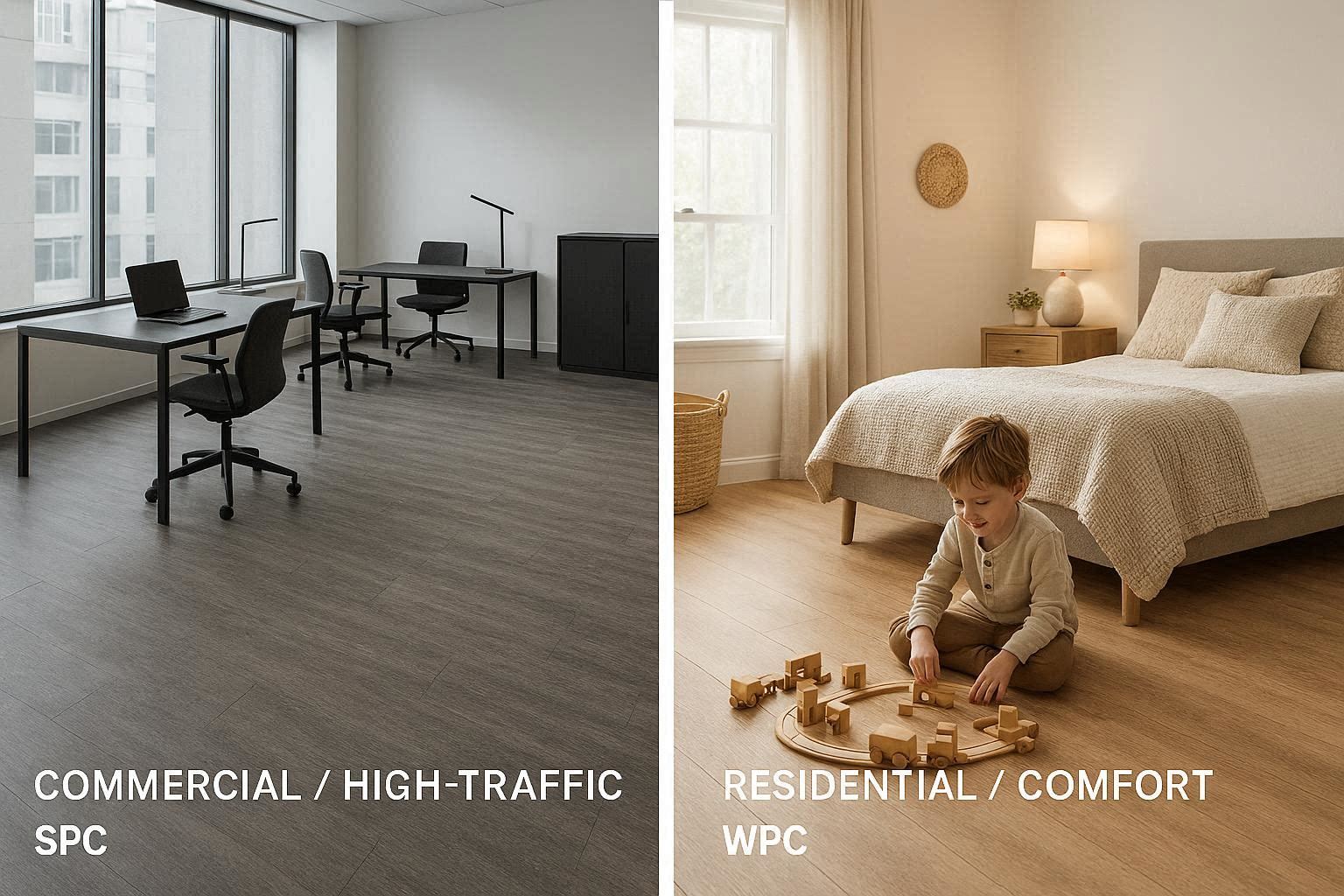Use cases for SPC flooring in a home gym and WPC flooring in a cozy family living room.