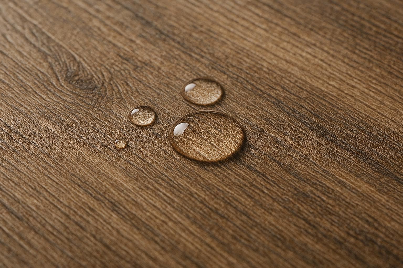Close-up of waterproof luxury vinyl plank showing realistic wood grain texture and water resistance.